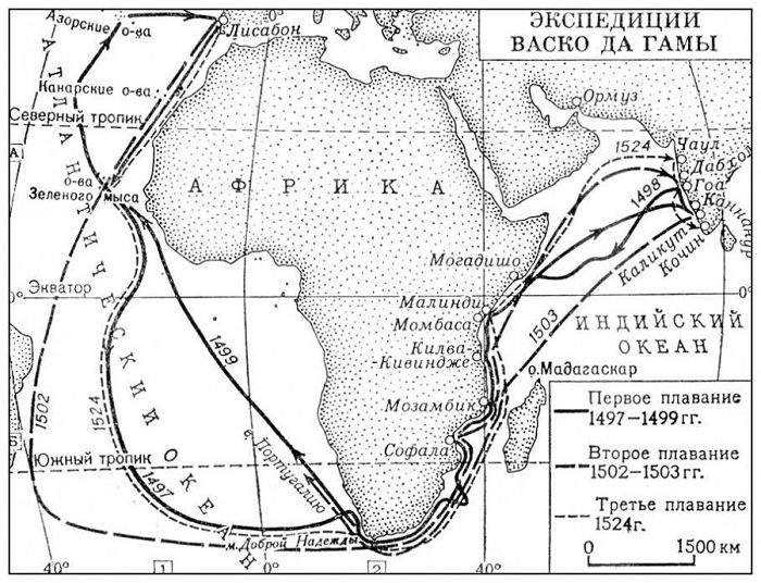 Карта путешествий да Гамы в Индию