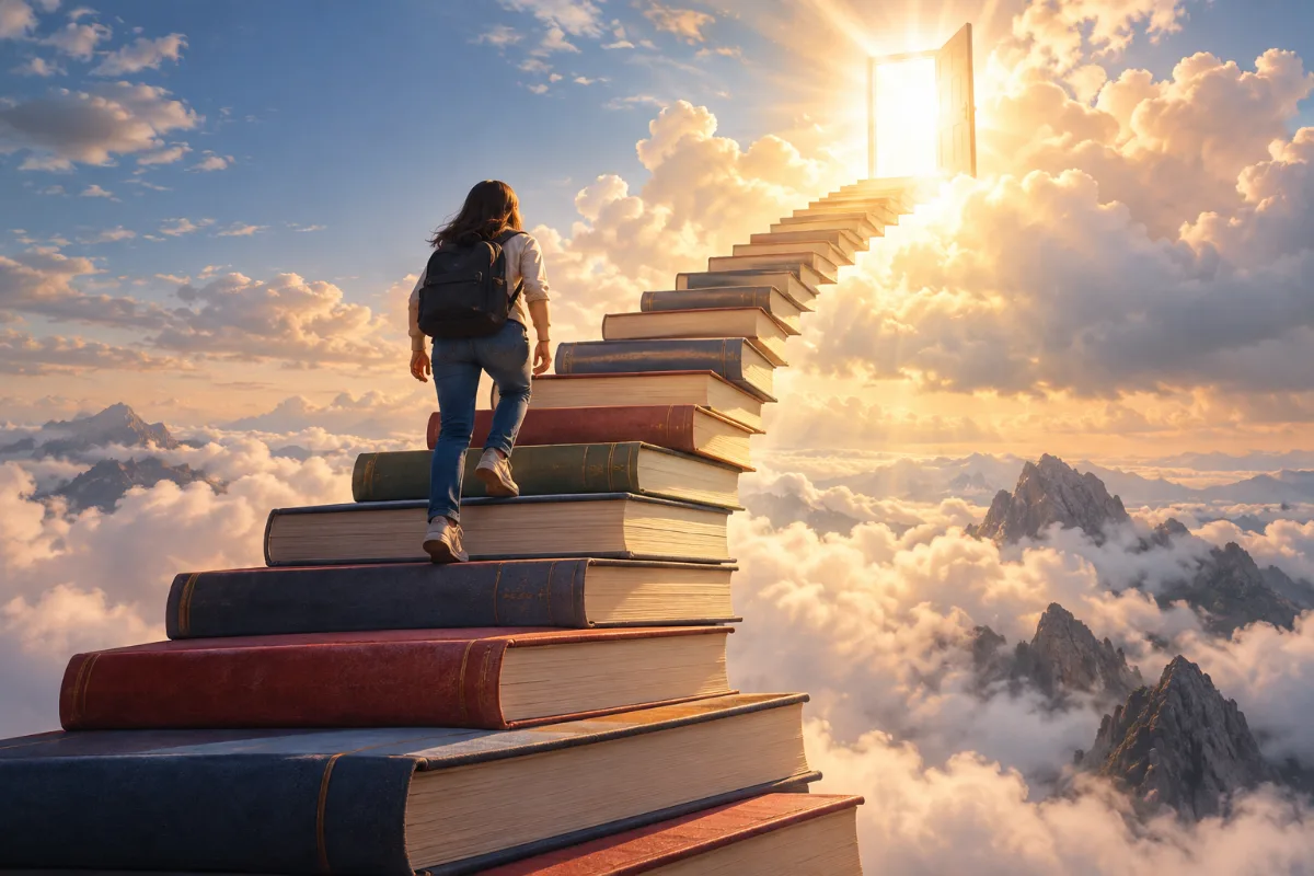 Ученик поднимается к свету по лестнице из книг Ученик поднимается к свету по лестнице из книг