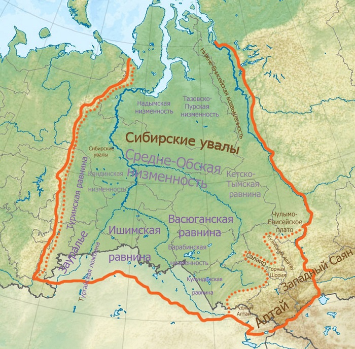 Западная Сибирь на физической карте