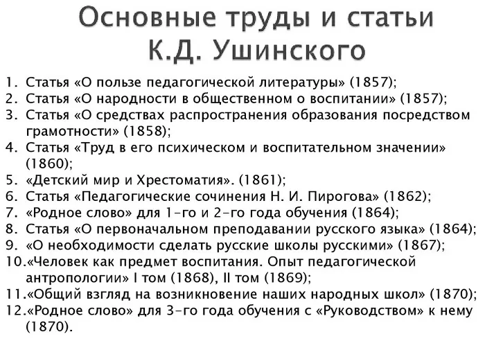 Основные труды и статьи Ушинского Основные труды и статьи Ушинского