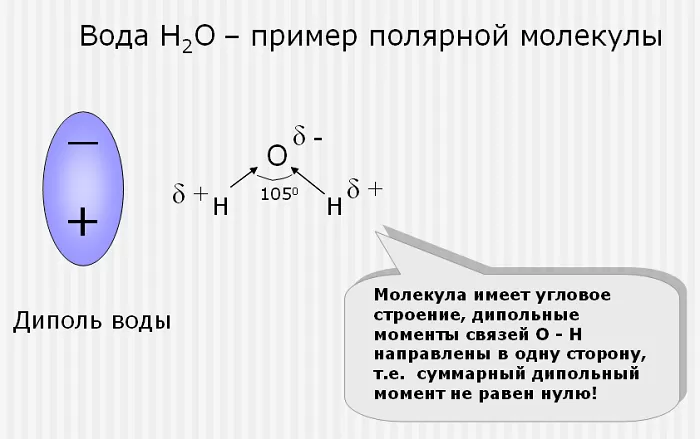 Полярная молекула воды Полярная молекула воды