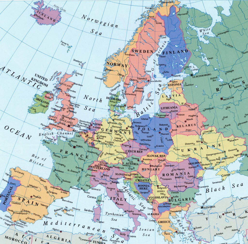 Карта Европы со столицами и крупными городами