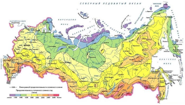 Продолжительность солнечного сияния по России