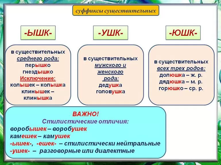 Написание слов с суффиксами