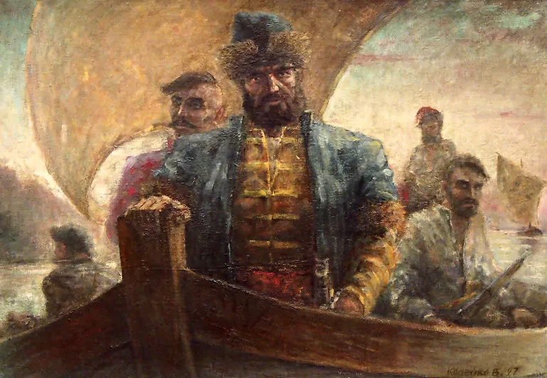 На берегу реки сидит Ермак,
