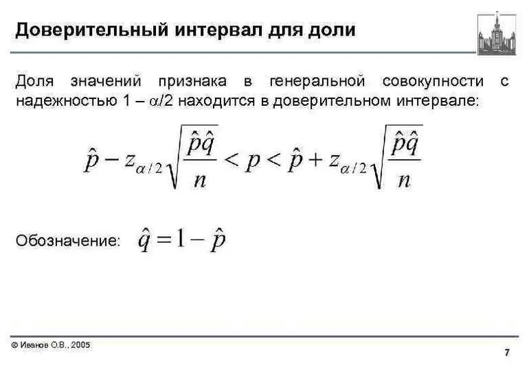 Формулы для определения методом доверительного интервала