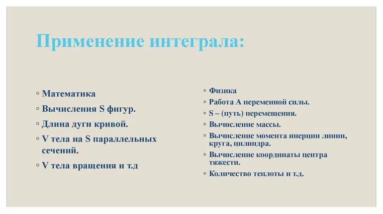 Таблица интегралов простых функций