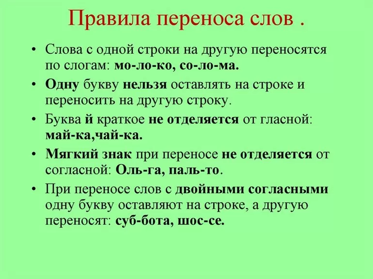 Основные правила переноса слов в русском языке