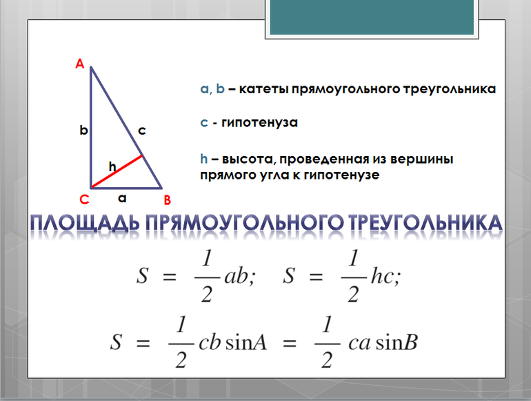 Площадь прямоугольного треугольника формула 