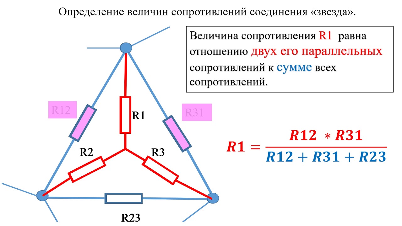 Как определить соединение резисторов. Схема соединения сопротивления треугольником. Соединение треугольником сопротивление. Схемы соединения сопротивлений звездой. Преобразование схемы сопротивление треугольник.