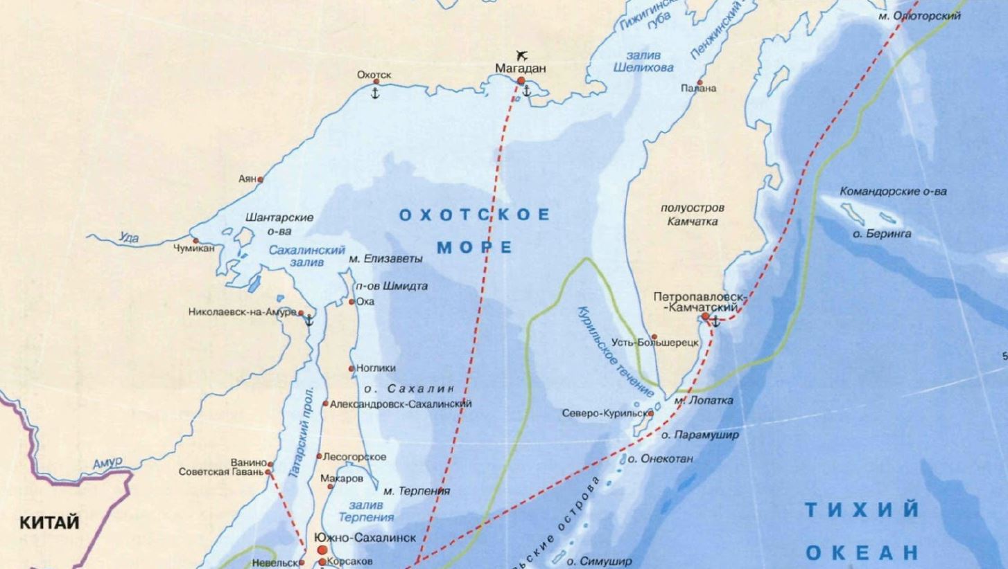 Расположение Охотского моря на карте