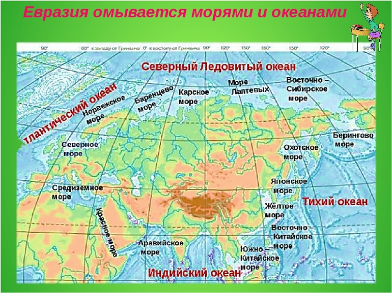 Территорию Евразии омывает 6 морей,