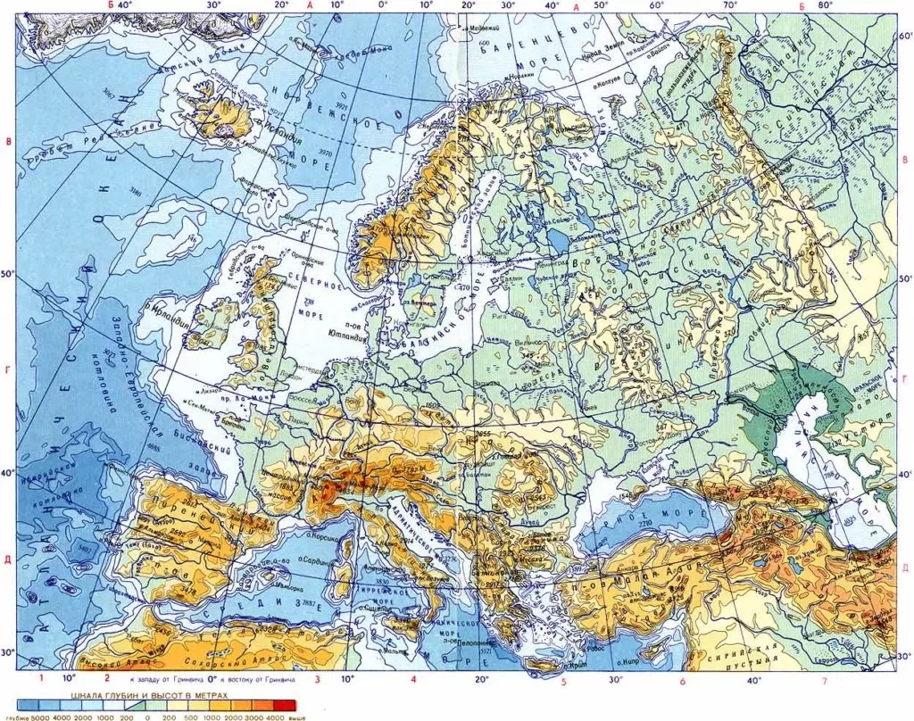 Физическая карта Европы