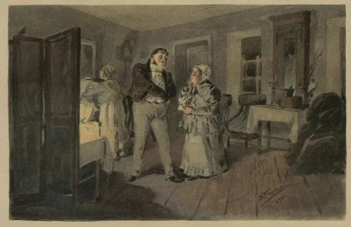 Рис. 2. Чичиков и Коробочка в гостиной Коробочки. В. Е. Маковский, 1901 год