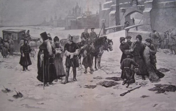 Рис. 9. Насильственное введение западной одежды и бритья при Петре I