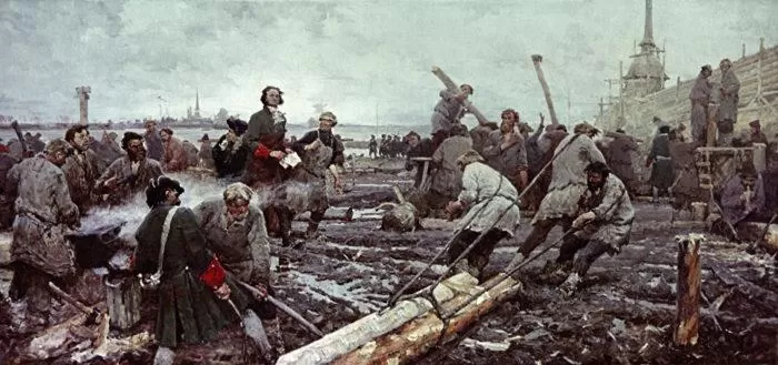Рис. Петр I на строительстве Санкт-Петербурга. Г. Песис. 1958 год