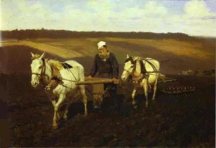 И.Е. Репин. Пахарь. Лев Николаевич Толстой на пашне.1887. Картон. Масло.