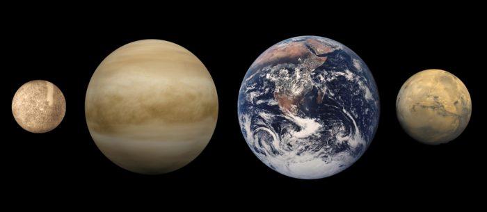 Рис. 3. Сопоставление размеров планет земной группы (слева направо): Меркурий, Венера, Земля, Марс