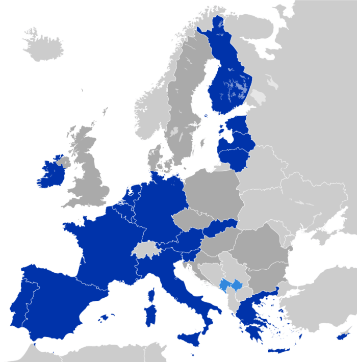 Рис. 4. Еврозона (тёмно-синий) состоит из 19 государств-членов, официальной валютой которых является евро