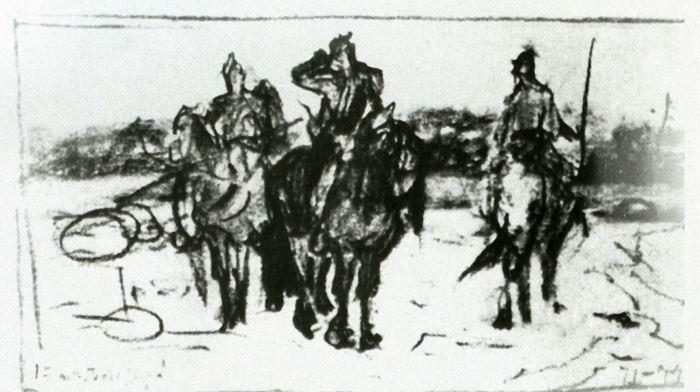 Рис. 2. Первый набросок картины «Богатыри». В. М. Васнецов. 1871—1874 гг.