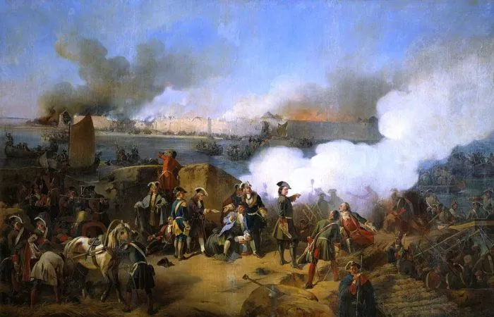 Рис. 3. «Штурм крепости Нотебург 11 октября 1702 года». А. Е. Коцебу. 1846 год