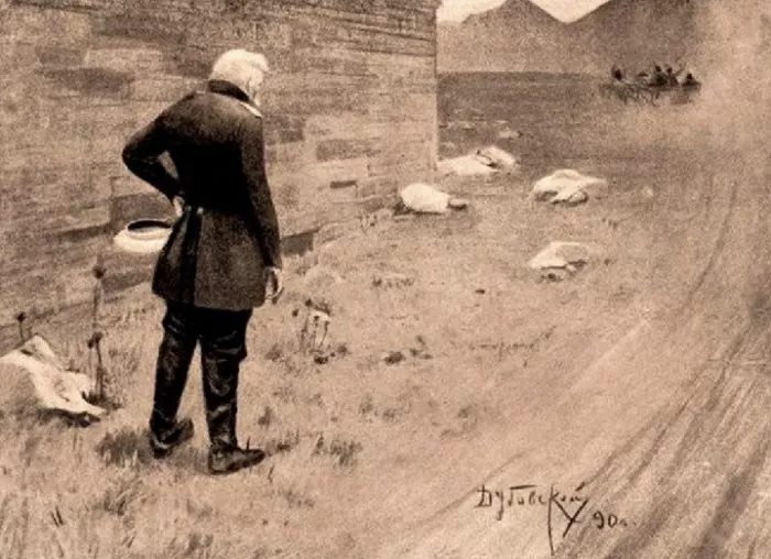 Рис. 3. Максим Максимыч провожает Печорина. Иллюстрация Н. Н. Дубовского. 1890 год