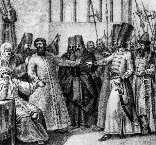 Рис. 4. Насильственное пострижение Василия Шуйского (1610 г.). Гравюра П. Иванова
