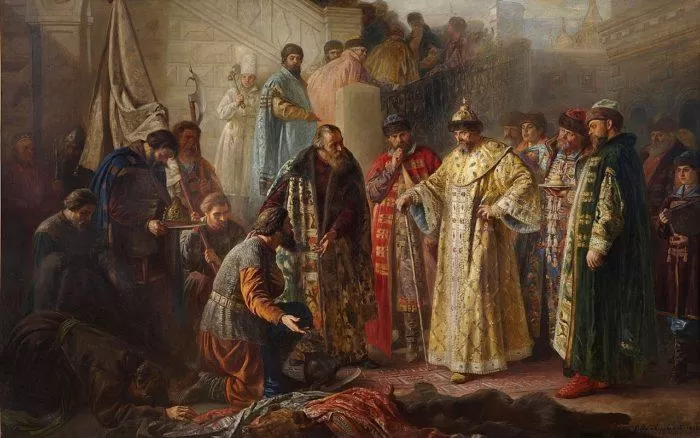 Рис. 7. Посланники от Ермака на красном крыльце перед Иваном Грозным. С. Р. Ростворовский. 1884 год