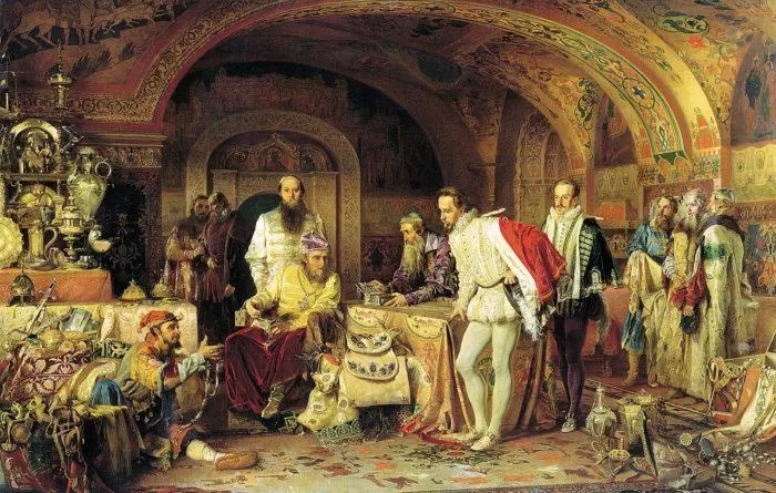 Рис. 8. Иван Грозный показывает свои сокровища английскому послу Горсею. А. Д. Литовченко. 1875 год