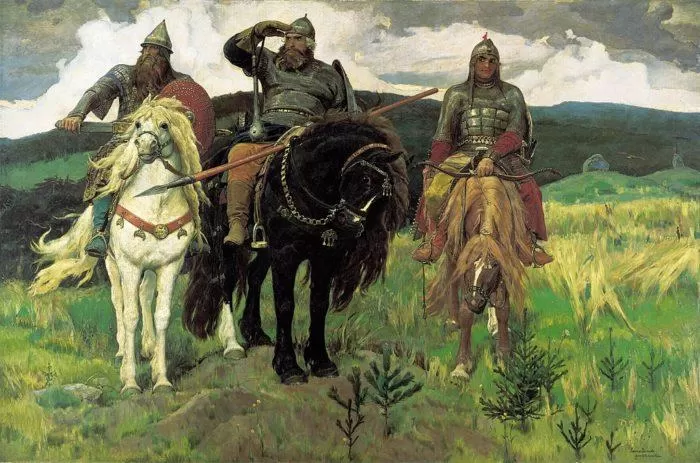 Рис. 1. "Богатыри" (слева направо: Добрыня Никитич, Илья Муромец и Алеша Попович). В. М. Васнецов. 1881—1898 гг.