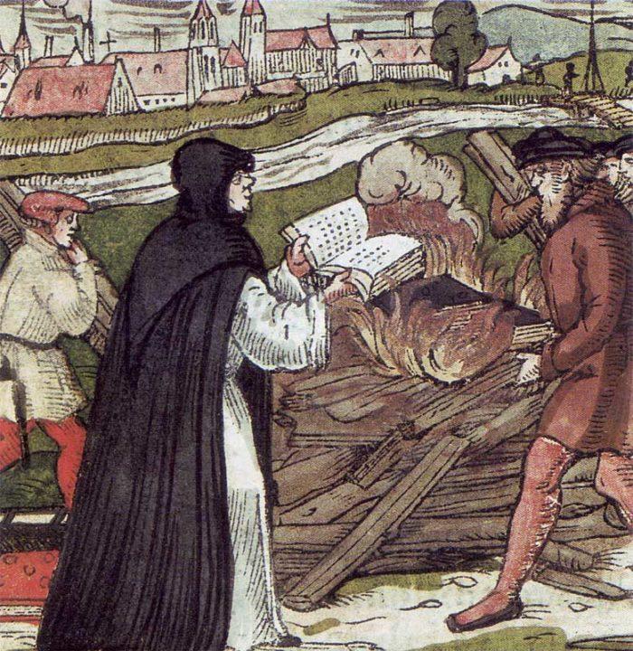Рис. 2. Мартин Лютер сжигает папскую буллу. Гравюра на дереве. 1557 год
