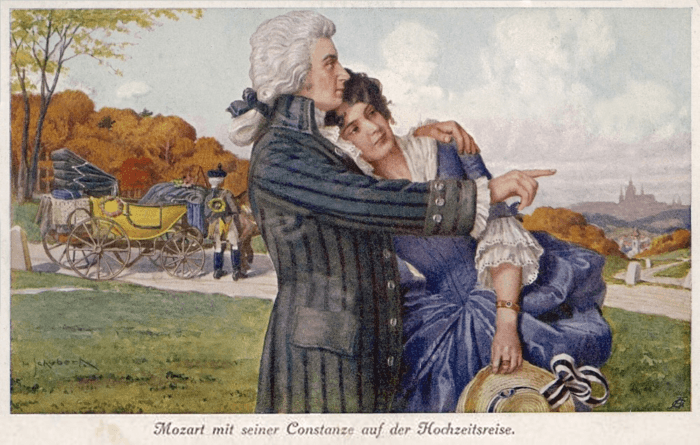 Рис. 4. Моцарт и Констанция во время своего медового месяца. Открытка XIX века